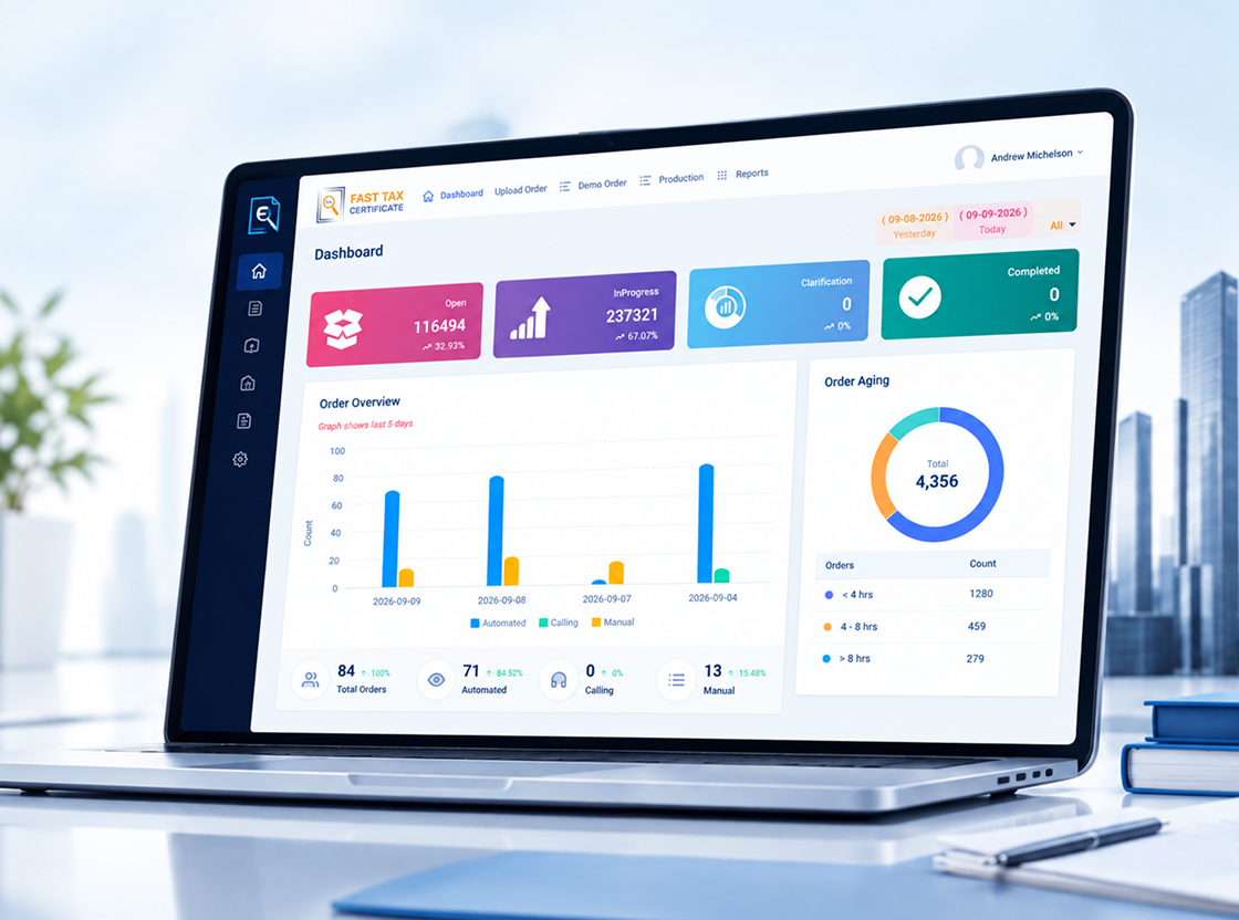 FastTaxCert vendor overview dashboard